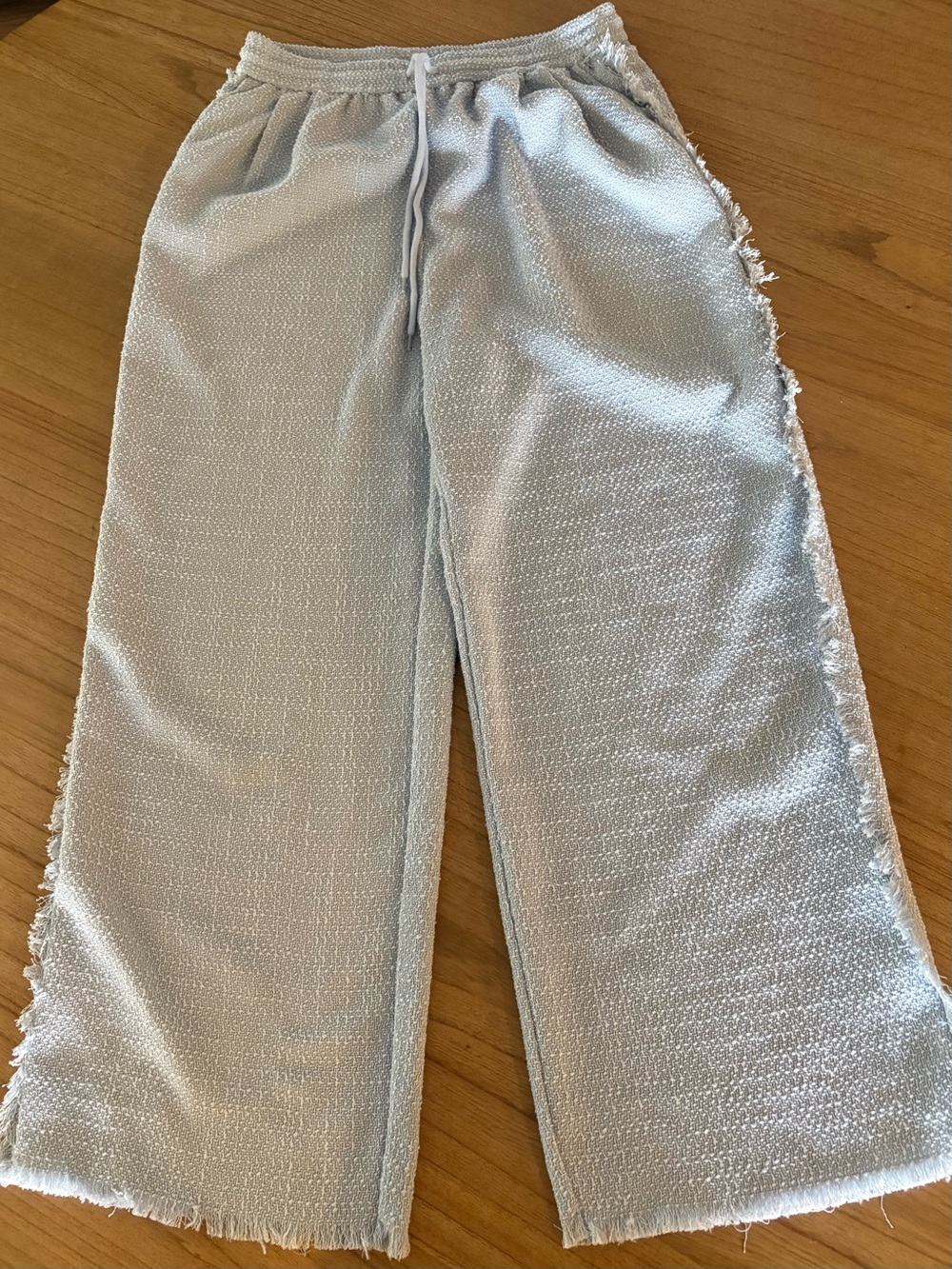 Lulus Light Blue Tweed Fringe Wide-Leg Pants Drawstring Elastic Waist Sz L